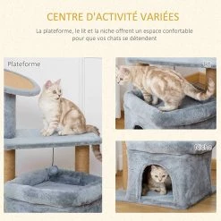 Meilleure vente 🛒 Pawhut Arbre à chat griffoirs grattoir jute naturelle centre d'activités niche panier plateforme jeu boule suspendue peluche douce gris 😀 -Promos Chat Boutique 3662970088364 5