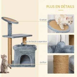 Meilleure vente 🛒 Pawhut Arbre à chat griffoirs grattoir jute naturelle centre d'activités niche panier plateforme jeu boule suspendue peluche douce gris 😀 -Promos Chat Boutique 3662970088364 6