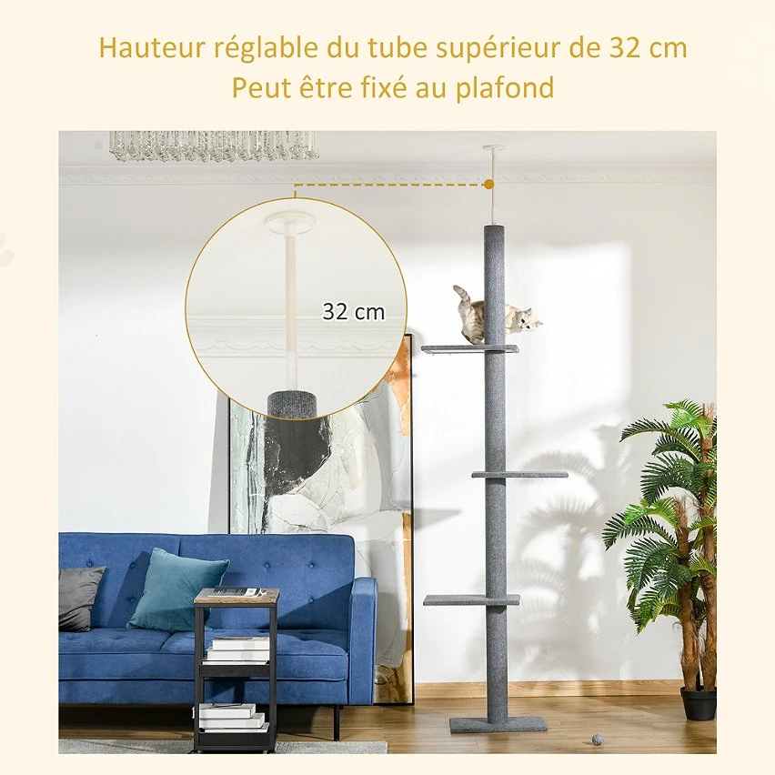 Coupon 🎉 Pawhut Arbre à chat poteau à griffer hauteur réglable dim. 43L x 27I x 228-260H cm 4 niveaux d'activités gris clair ✔️ 6 Coupon 🎉 Pawhut Arbre à chat poteau à griffer hauteur réglable dim. 43L x 27I x 228-260H cm 4 niveaux d'activités gris clair ✔️ – Image 6