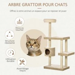 Meilleure vente 😍 Pawhut Arbre à chats style cosy chic H135 cm griffoirs sisal naturel niche plateformes peluche courte bicolore beige café 🛒 -Promos Chat Boutique 3662970094860 4