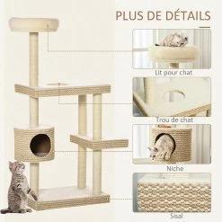 Meilleure vente 😍 Pawhut Arbre à chats style cosy chic H135 cm griffoirs sisal naturel niche plateformes peluche courte bicolore beige café 🛒 -Promos Chat Boutique 3662970094860 5