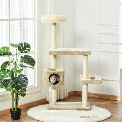 Meilleure vente 😍 Pawhut Arbre à chats style cosy chic H135 cm griffoirs sisal naturel niche plateformes peluche courte bicolore beige café 🛒 -Promos Chat Boutique 3662970094860 6