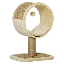 Vente flash 😀 Pawhut Arbre à chat rond style cosy chic griffoir grattoirs sisal jeu suspendu souris niche avec coussin cordes d'algues tressées peluche courte beige 😀