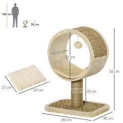 Vente flash 😀 Pawhut Arbre à chat rond style cosy chic griffoir grattoirs sisal jeu suspendu souris niche avec coussin cordes d'algues tressées peluche courte beige 😀 -Promos Chat Boutique 3662970094884 3