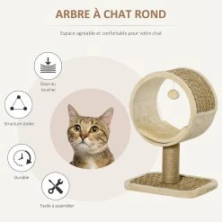 Vente flash 😀 Pawhut Arbre à chat rond style cosy chic griffoir grattoirs sisal jeu suspendu souris niche avec coussin cordes d'algues tressées peluche courte beige 😀 -Promos Chat Boutique 3662970094884 4