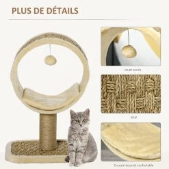 Vente flash 😀 Pawhut Arbre à chat rond style cosy chic griffoir grattoirs sisal jeu suspendu souris niche avec coussin cordes d'algues tressées peluche courte beige 😀 -Promos Chat Boutique 3662970094884 5