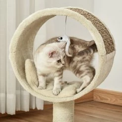 Vente flash 😀 Pawhut Arbre à chat rond style cosy chic griffoir grattoirs sisal jeu suspendu souris niche avec coussin cordes d'algues tressées peluche courte beige 😀 -Promos Chat Boutique 3662970094884 6