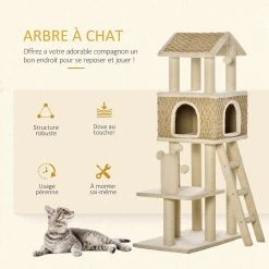Meilleure vente 🎉 Pawhut Arbre à chats style cosy chic griffoirs sisal naturel grande niche plateforme échelle jeu boules tourniquet peluche courte cordes d'algues tressées 🌟 -Promos Chat Boutique 3662970095249 5