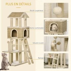 Meilleure vente 🎉 Pawhut Arbre à chats style cosy chic griffoirs sisal naturel grande niche plateforme échelle jeu boules tourniquet peluche courte cordes d'algues tressées 🌟 -Promos Chat Boutique 3662970095249 6