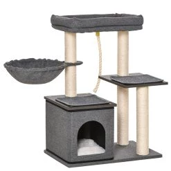 Bon marché ⌛ Pawhut Arbre à chat avec griffoir en sisal niche lit pour chat hamac corde d'escalade plateformes panneaux particules coussins gris ✨