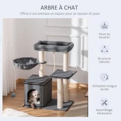 Bon marché ⌛ Pawhut Arbre à chat avec griffoir en sisal niche lit pour chat hamac corde d'escalade plateformes panneaux particules coussins gris ✨ -Promos Chat Boutique 3662970095317 4