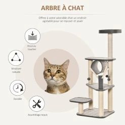 Bon marché 😉 Pawhut Arbre à chats multi-équipements H130 cm griffoirs grattoirs plateformes tunnel jeu boules suspendues polyester gris 😀 -Promos Chat Boutique 3662970095362 4