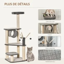 Bon marché 😉 Pawhut Arbre à chats multi-équipements H130 cm griffoirs grattoirs plateformes tunnel jeu boules suspendues polyester gris 😀 -Promos Chat Boutique 3662970095362 5