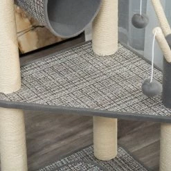 Bon marché 😉 Pawhut Arbre à chats multi-équipements H130 cm griffoirs grattoirs plateformes tunnel jeu boules suspendues polyester gris 😀 -Promos Chat Boutique 3662970095362 6