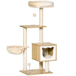 Meilleur prix 👏 Pawhut Arbre à chat multi-équipement griffoirs grattoirs niche hamac panier coussins amovibles H126 cm peluche courte sisal naturel beige 😍