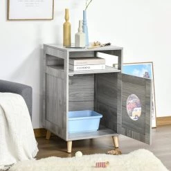 Bon marché 😀 Pawhut Maison de toilette pour chat espace de rangement porte magnétique pieds bois de pin dim. 48L x 53l x 79H cm aspect bois gris 🥰 -Promos Chat Boutique 3662970095515 7