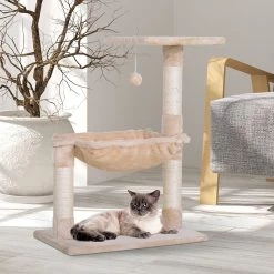 Le moins cher 😀 Pawhut Arbre à chat 3 griffoirs grattoirs sisal naturel plateforme hamac et boule suspendue dim. 50L x 36l x 70H cm peluche haute densité 220 g/m² gris ✨ -Promos Chat Boutique 3662970095676 2
