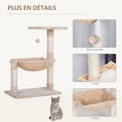 Le moins cher 😀 Pawhut Arbre à chat 3 griffoirs grattoirs sisal naturel plateforme hamac et boule suspendue dim. 50L x 36l x 70H cm peluche haute densité 220 g/m² gris ✨ -Promos Chat Boutique 3662970095676 5