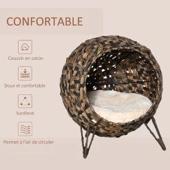 Acheter 😍 PawHut Panier chat lit chat cosy grand confort dim. Ø 52 x 58H cm coussin moelleux inclus résine tressée imitation rotin chocolat 🌟 -Promos Chat Boutique 3662970099452 6