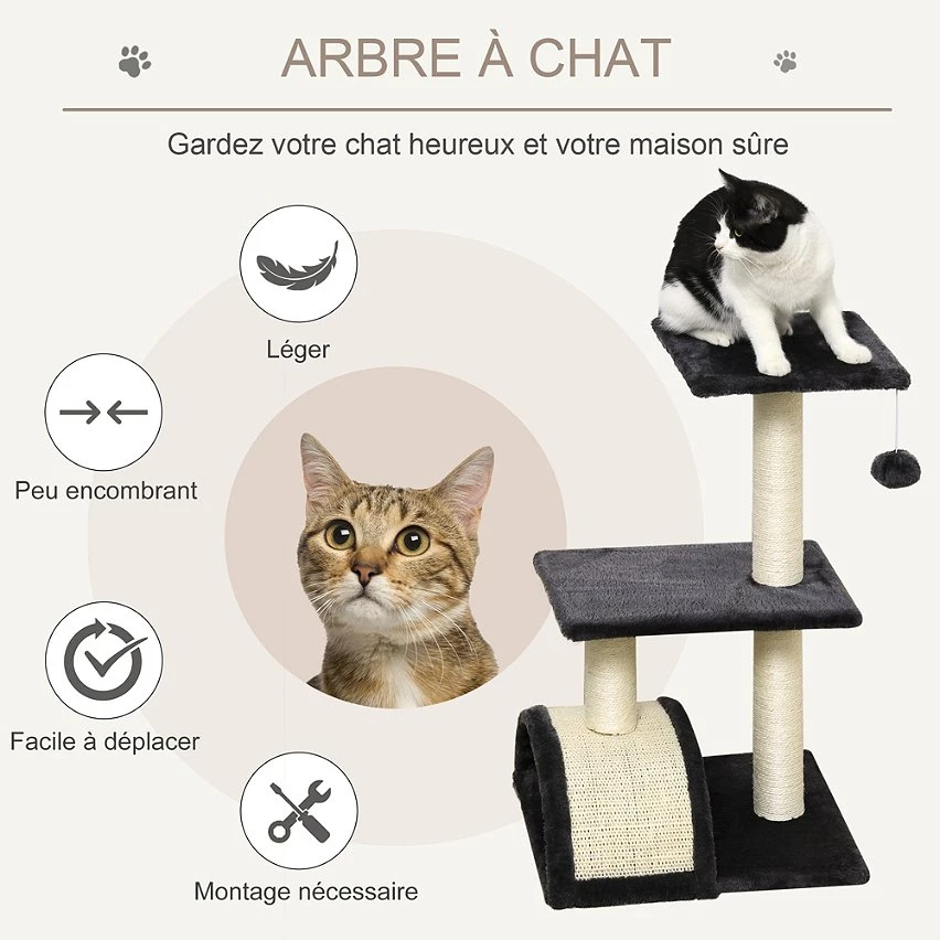 De gros ⌛ Pawhut Arbre à chat griffoir grattoir design jeu boule suspendue 2 plateformes peluche sisal naturel gris ⭐ 4 De gros ⌛ Pawhut Arbre à chat griffoir grattoir design jeu boule suspendue 2 plateformes peluche sisal naturel gris ⭐ – Image 4