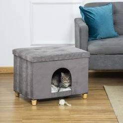 Meilleur prix 🔔 Pawhut Niche chat maison de chat sur pied repose-pied 2 en 1 - coussin inclus - pliable - MDF peluche suédé gris ✨ -Promos Chat Boutique 3662970103098 4