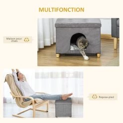 Meilleur prix 🔔 Pawhut Niche chat maison de chat sur pied repose-pied 2 en 1 - coussin inclus - pliable - MDF peluche suédé gris ✨ -Promos Chat Boutique 3662970103098 5