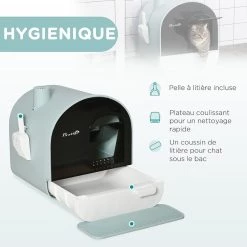 Meilleur prix 😉 Pawhut Maison de toilette bac à litière pour chat avec porte battante, pelle et filtre inclus dim. 43L x 44l x 47H cm PP blanc marron fumé 🧨 -Promos Chat Boutique 3662970103357 5