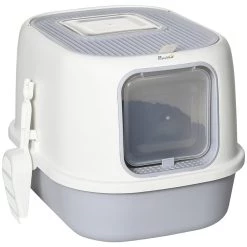 Offres 🎁 Pawhut Maison de toilette litière pour chat double porte battante et supérieure - filtre odeur + pelle fournis - gris ❤️