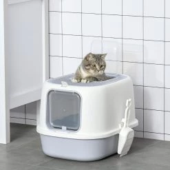 Offres 🎁 Pawhut Maison de toilette litière pour chat double porte battante et supérieure - filtre odeur + pelle fournis - gris ❤️ -Promos Chat Boutique 3662970103395 4