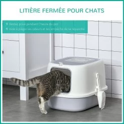 Offres 🎁 Pawhut Maison de toilette litière pour chat double porte battante et supérieure - filtre odeur + pelle fournis - gris ❤️ -Promos Chat Boutique 3662970103395 6