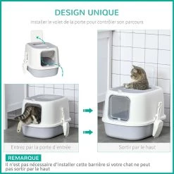 Offres 🎁 Pawhut Maison de toilette litière pour chat double porte battante et supérieure - filtre odeur + pelle fournis - gris ❤️ -Promos Chat Boutique 3662970103395 7