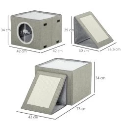 Grosses soldes ⭐ Pawhut Maison niche pour chat pliable - 2 coussins moelleux, boule suspendue, grattoir - dim. 73 x 42 x 34 cm - MDF sisal polyester gris 🔔 -Promos Chat Boutique 3662970106563 3