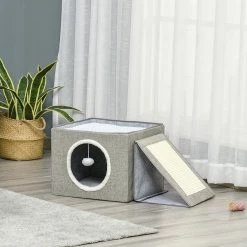Grosses soldes ⭐ Pawhut Maison niche pour chat pliable - 2 coussins moelleux, boule suspendue, grattoir - dim. 73 x 42 x 34 cm - MDF sisal polyester gris 🔔 -Promos Chat Boutique 3662970106563 4