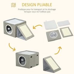 Grosses soldes ⭐ Pawhut Maison niche pour chat pliable - 2 coussins moelleux, boule suspendue, grattoir - dim. 73 x 42 x 34 cm - MDF sisal polyester gris 🔔 -Promos Chat Boutique 3662970106563 6