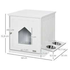 De gros 🎁 Pawhut Maison de toilette pour chat design porte forme maisonnette - porte 2 gamelles intégré - dim. 64L x 51l x 51,8H cm - MDF blanc 🥰 -Promos Chat Boutique 3662970106815 3
