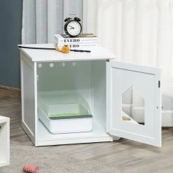 De gros 🎁 Pawhut Maison de toilette pour chat design porte forme maisonnette - porte 2 gamelles intégré - dim. 64L x 51l x 51,8H cm - MDF blanc 🥰 -Promos Chat Boutique 3662970106815 5