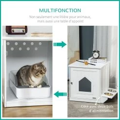 De gros 🎁 Pawhut Maison de toilette pour chat design porte forme maisonnette - porte 2 gamelles intégré - dim. 64L x 51l x 51,8H cm - MDF blanc 🥰 -Promos Chat Boutique 3662970106815 6