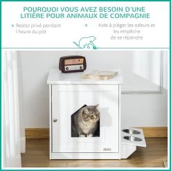 De gros 🎁 Pawhut Maison de toilette pour chat design porte forme maisonnette - porte 2 gamelles intégré - dim. 64L x 51l x 51,8H cm - MDF blanc 🥰 -Promos Chat Boutique 3662970106815 7