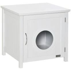Acheter 🧨 Pawhut Maison de toilette pour chat sur pied design rainuré porte entrée poignée métal MDF blanc ⭐
