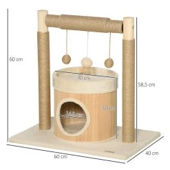 Meilleure vente ⭐ Pawhut Arbre à chat griffoirs grattoirs jute jeu boules suspendues plateforme ronde niche - dim. 60L x 40l x 60H cm - panneaux particules pin bambou ❤️ -Promos Chat Boutique 3662970107386 3