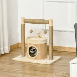 Meilleure vente ⭐ Pawhut Arbre à chat griffoirs grattoirs jute jeu boules suspendues plateforme ronde niche - dim. 60L x 40l x 60H cm - panneaux particules pin bambou ❤️ -Promos Chat Boutique 3662970107386 4
