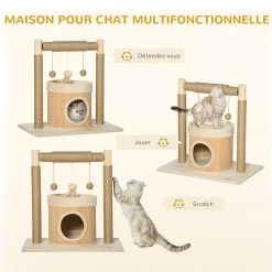Meilleure vente ⭐ Pawhut Arbre à chat griffoirs grattoirs jute jeu boules suspendues plateforme ronde niche - dim. 60L x 40l x 60H cm - panneaux particules pin bambou ❤️ -Promos Chat Boutique 3662970107386 5