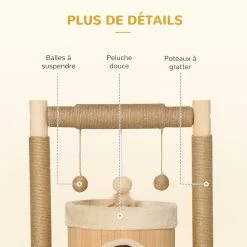 Meilleure vente ⭐ Pawhut Arbre à chat griffoirs grattoirs jute jeu boules suspendues plateforme ronde niche - dim. 60L x 40l x 60H cm - panneaux particules pin bambou ❤️ -Promos Chat Boutique 3662970107386 6