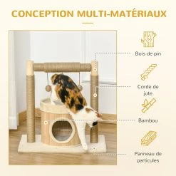 Meilleure vente ⭐ Pawhut Arbre à chat griffoirs grattoirs jute jeu boules suspendues plateforme ronde niche - dim. 60L x 40l x 60H cm - panneaux particules pin bambou ❤️ -Promos Chat Boutique 3662970107386 7