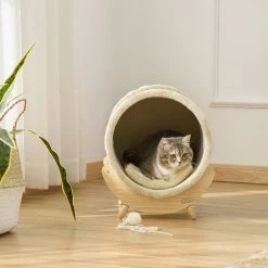 Grosses soldes 🛒 Pawhut Maison pour chat design - niche chat panier chat - coussin, grattoir sisal jonc de mer naturel inclus - bois flanelle beige 🎉 -Promos Chat Boutique 3662970107836 2