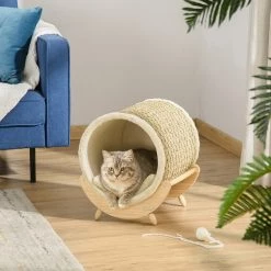 Grosses soldes 🛒 Pawhut Maison pour chat design - niche chat panier chat - coussin, grattoir sisal jonc de mer naturel inclus - bois flanelle beige 🎉 -Promos Chat Boutique 3662970107836 4