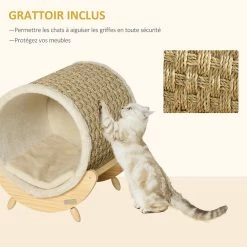 Grosses soldes 🛒 Pawhut Maison pour chat design - niche chat panier chat - coussin, grattoir sisal jonc de mer naturel inclus - bois flanelle beige 🎉 -Promos Chat Boutique 3662970107836 5