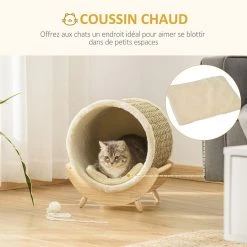 Grosses soldes 🛒 Pawhut Maison pour chat design - niche chat panier chat - coussin, grattoir sisal jonc de mer naturel inclus - bois flanelle beige 🎉 -Promos Chat Boutique 3662970107836 6