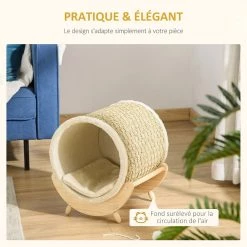 Grosses soldes 🛒 Pawhut Maison pour chat design - niche chat panier chat - coussin, grattoir sisal jonc de mer naturel inclus - bois flanelle beige 🎉 -Promos Chat Boutique 3662970107836 7
