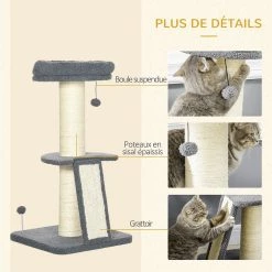 Sortie 🔥 Pawhut Arbre à chat 3 griffoirs grattoirs sisal naturel plateforme panier 2 boules suspendues peluche haute densité 220 g/m² gris 🎁 -Promos Chat Boutique 3662970112311 5